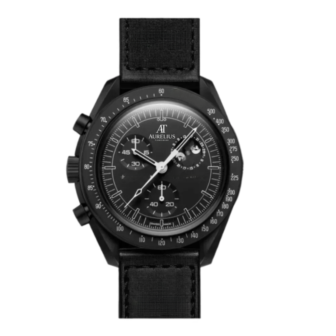 Chronograph phase 42 – Black Dial | Black Case & Black Strap & Tachymeter Bezel